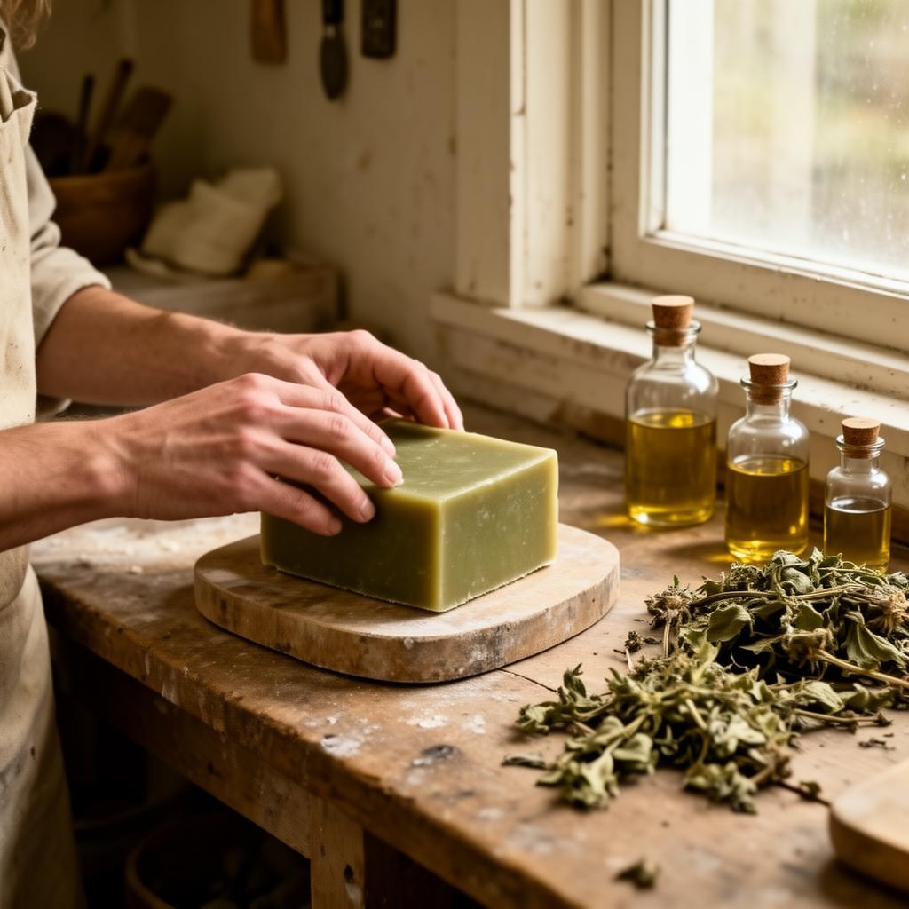 Manos artesanas trabajando un jabón sobre madera